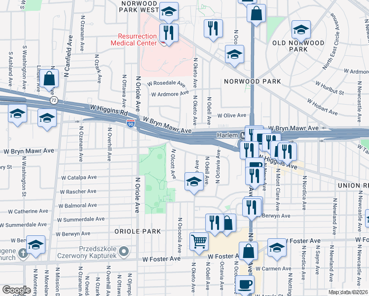 map of restaurants, bars, coffee shops, grocery stores, and more near 7432 West Gregory Street in Chicago