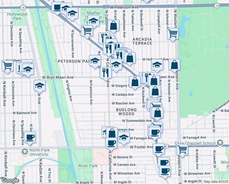 map of restaurants, bars, coffee shops, grocery stores, and more near 5517 North California Avenue in Chicago