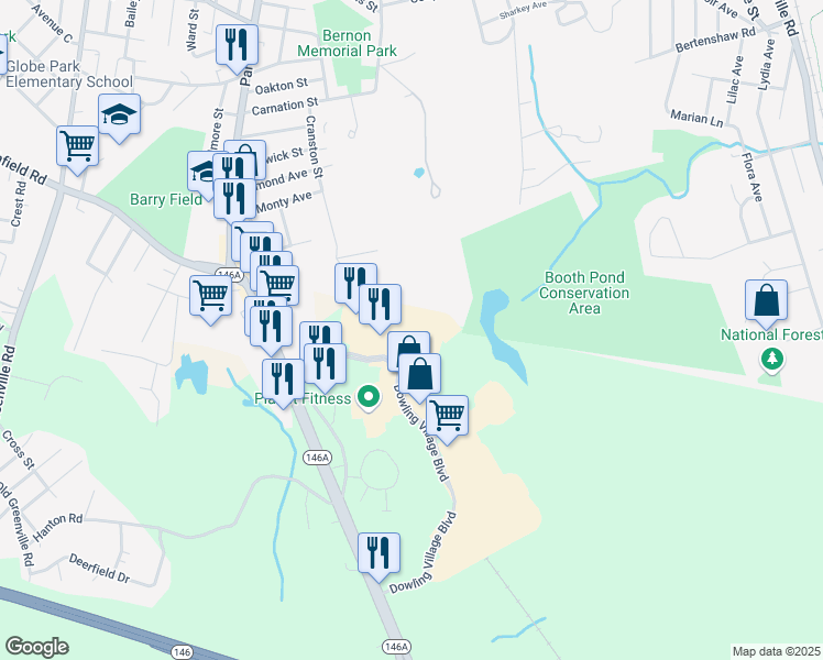 map of restaurants, bars, coffee shops, grocery stores, and more near 35 Dowling Village Boulevard in North Smithfield