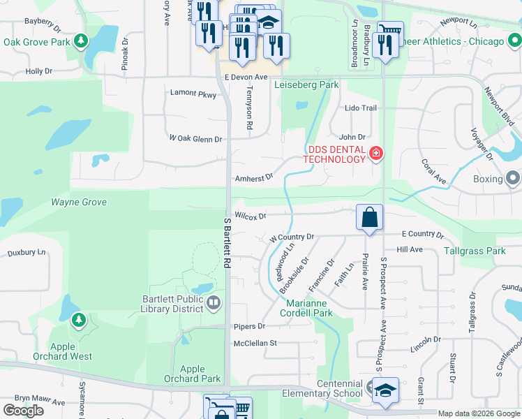 map of restaurants, bars, coffee shops, grocery stores, and more near 123 Wilcox Drive in Bartlett