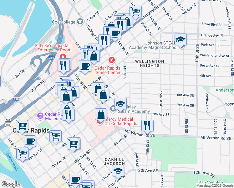 map of restaurants, bars, coffee shops, grocery stores, and more near 502 12th Street Southeast in Cedar Rapids