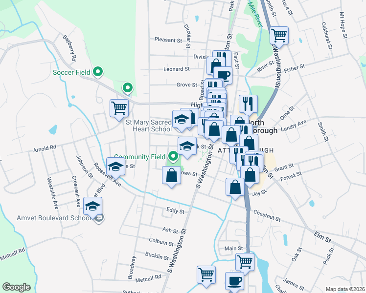 map of restaurants, bars, coffee shops, grocery stores, and more near Bank Street in North Attleborough
