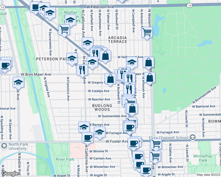 map of restaurants, bars, coffee shops, grocery stores, and more near 2645 West Gregory Street in Chicago