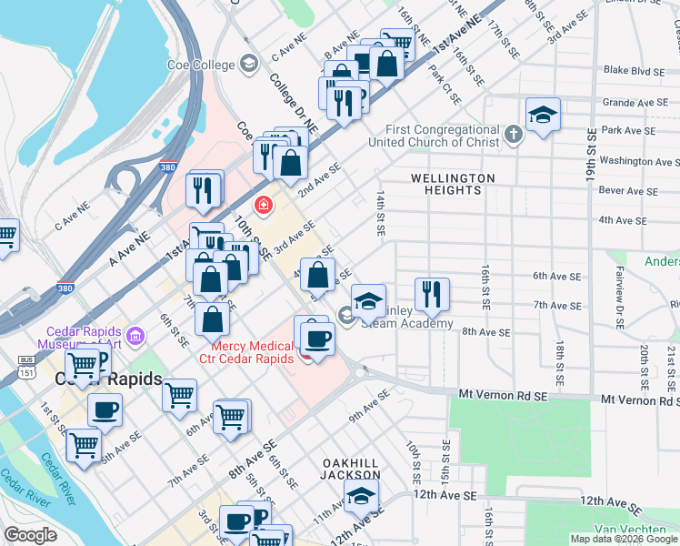 map of restaurants, bars, coffee shops, grocery stores, and more near 414 12th Street Southeast in Cedar Rapids