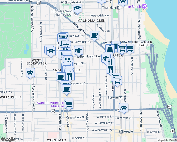 map of restaurants, bars, coffee shops, grocery stores, and more near 5507 North Glenwood Avenue in Chicago
