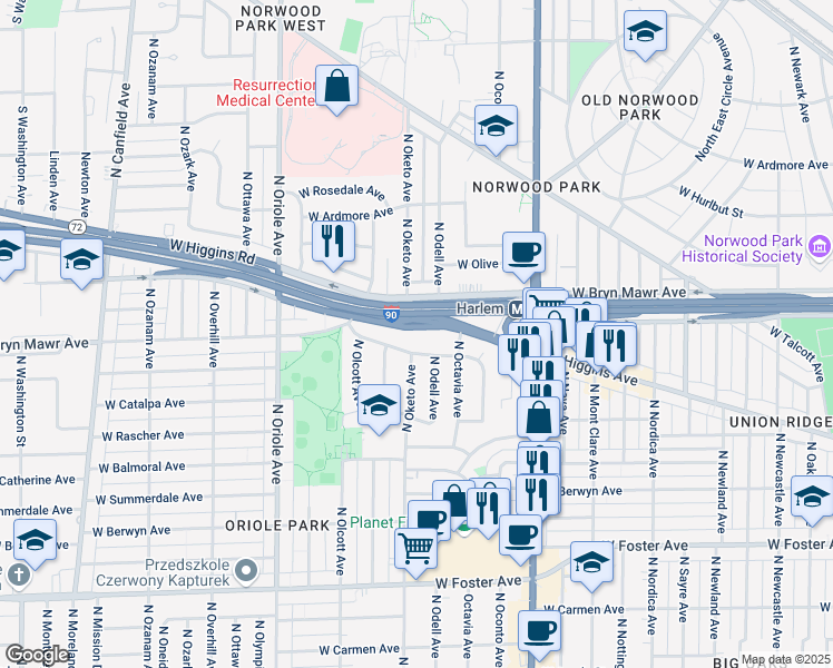 map of restaurants, bars, coffee shops, grocery stores, and more near 7345 Illinois 72 in Chicago