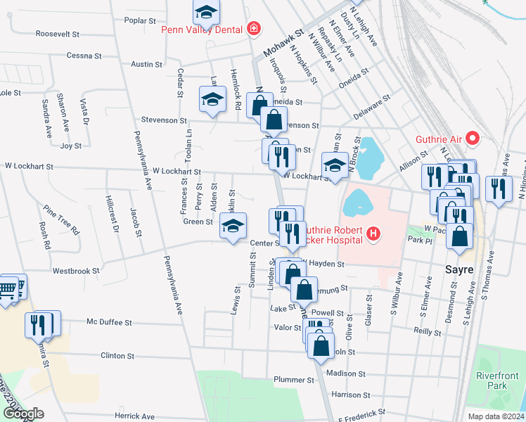 map of restaurants, bars, coffee shops, grocery stores, and more near 108-138 South Keystone Avenue in Sayre