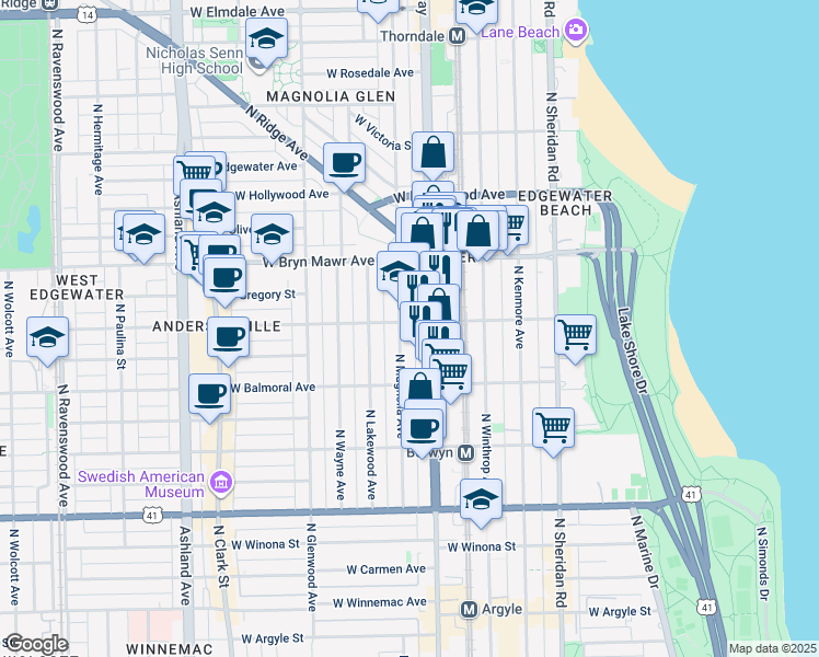 map of restaurants, bars, coffee shops, grocery stores, and more near 5502 North Magnolia Avenue in Chicago