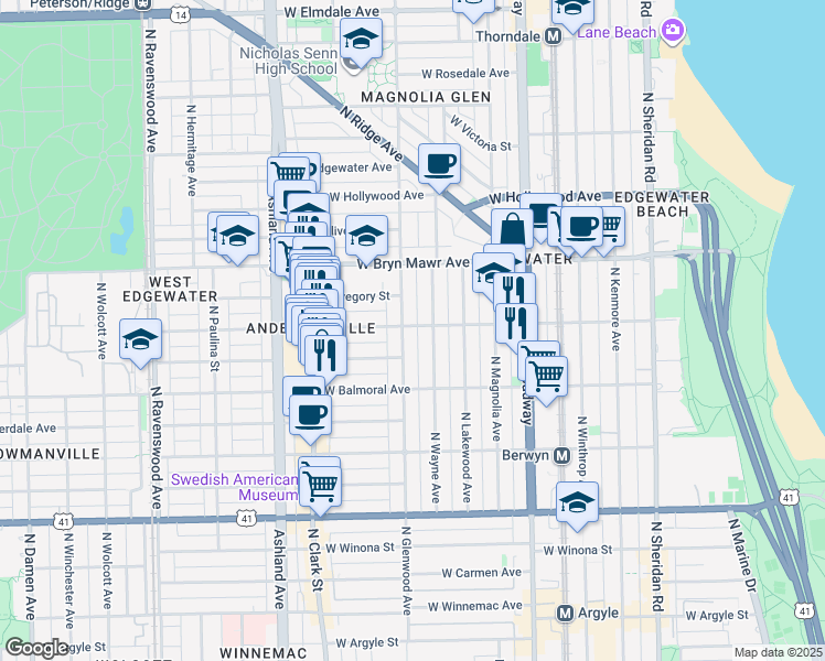 map of restaurants, bars, coffee shops, grocery stores, and more near 5507 North Glenwood Avenue in Chicago
