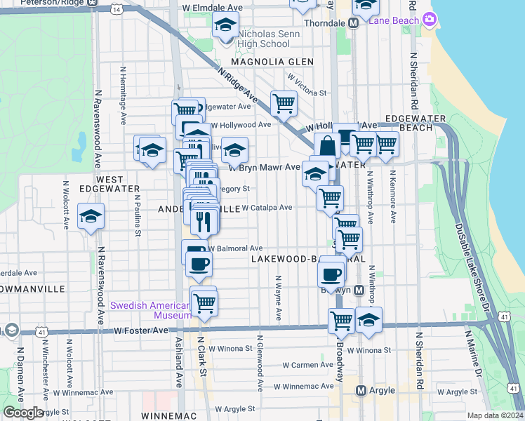 map of restaurants, bars, coffee shops, grocery stores, and more near 5507 North Glenwood Avenue in Chicago