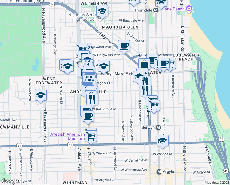 map of restaurants, bars, coffee shops, grocery stores, and more near 5507 North Glenwood Avenue in Chicago
