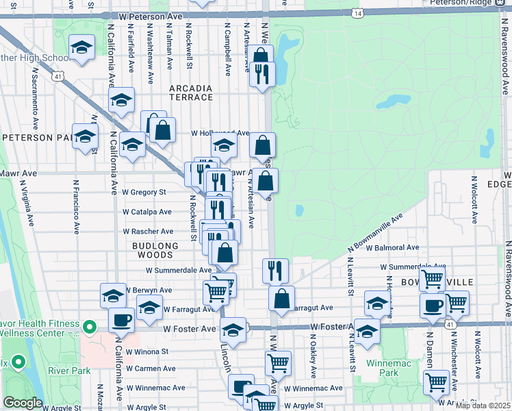map of restaurants, bars, coffee shops, grocery stores, and more near 5514 North Western Avenue in Chicago