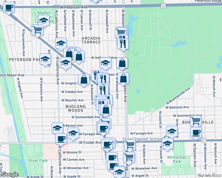 map of restaurants, bars, coffee shops, grocery stores, and more near 5519 North Campbell Avenue in Chicago