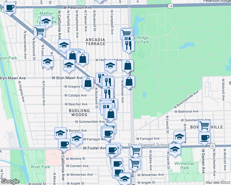 map of restaurants, bars, coffee shops, grocery stores, and more near 5519 North Campbell Avenue in Chicago