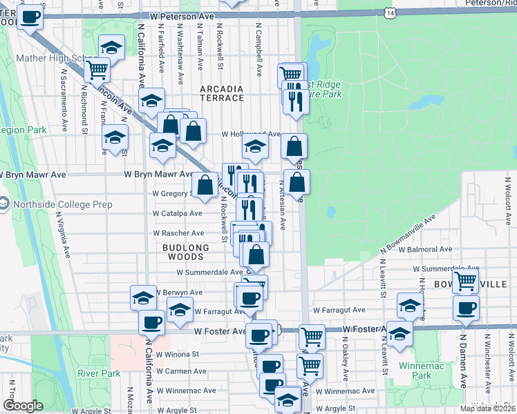 map of restaurants, bars, coffee shops, grocery stores, and more near 5519 North Campbell Avenue in Chicago