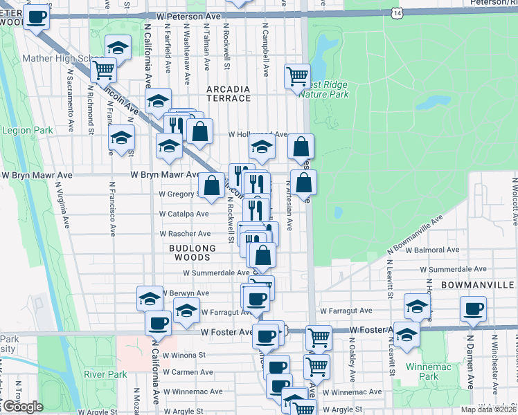 map of restaurants, bars, coffee shops, grocery stores, and more near 5523 North Maplewood Avenue in Chicago