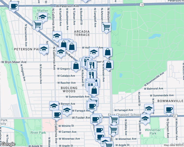 map of restaurants, bars, coffee shops, grocery stores, and more near 5523 North Maplewood Avenue in Chicago