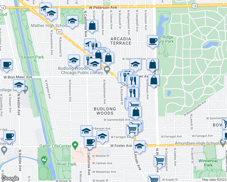map of restaurants, bars, coffee shops, grocery stores, and more near 2645 West Gregory Street in Chicago