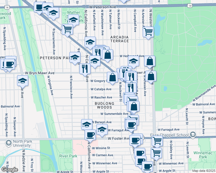 map of restaurants, bars, coffee shops, grocery stores, and more near 2645 West Gregory Street in Chicago
