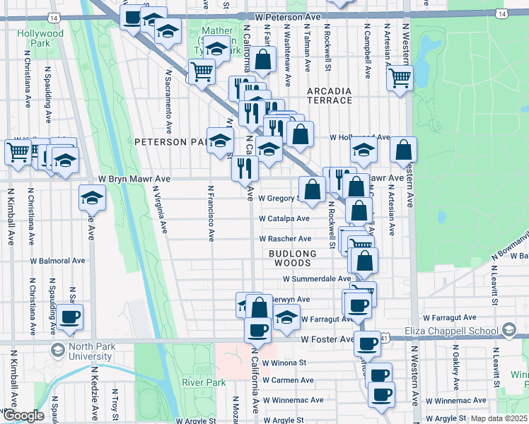 map of restaurants, bars, coffee shops, grocery stores, and more near 5517 North California Avenue in Chicago