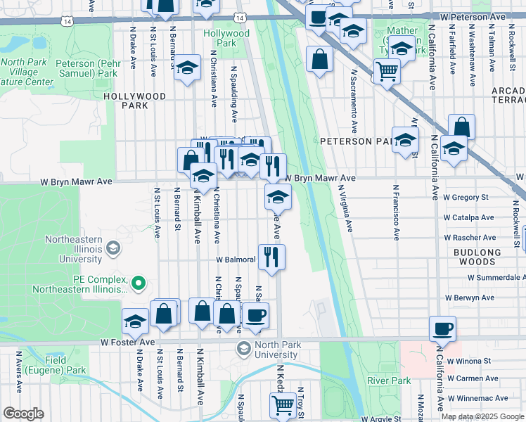 map of restaurants, bars, coffee shops, grocery stores, and more near 5523 North Sawyer Avenue in Chicago