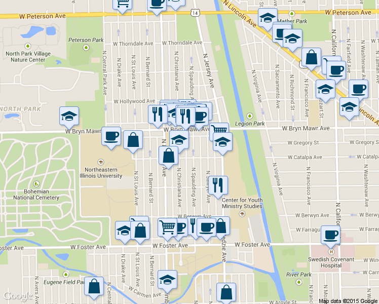 map of restaurants, bars, coffee shops, grocery stores, and more near 5525 North Spaulding Avenue in Chicago