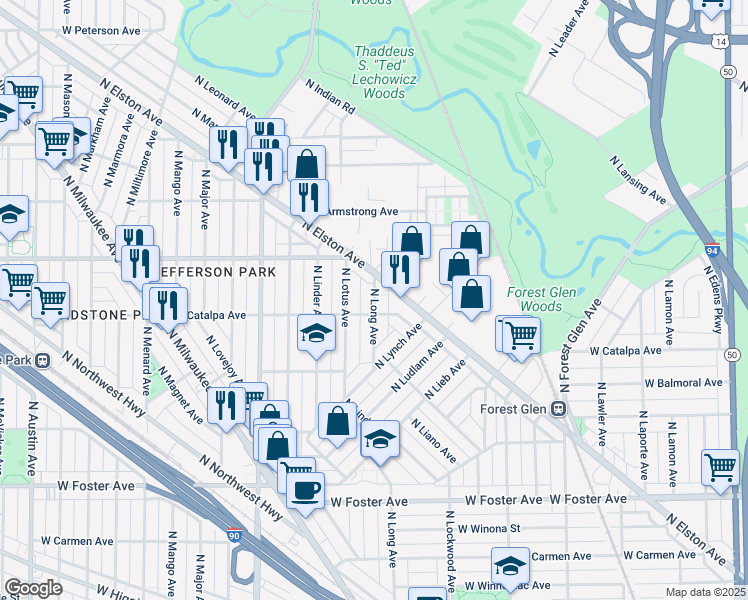 map of restaurants, bars, coffee shops, grocery stores, and more near 5550 North Long Avenue in Chicago