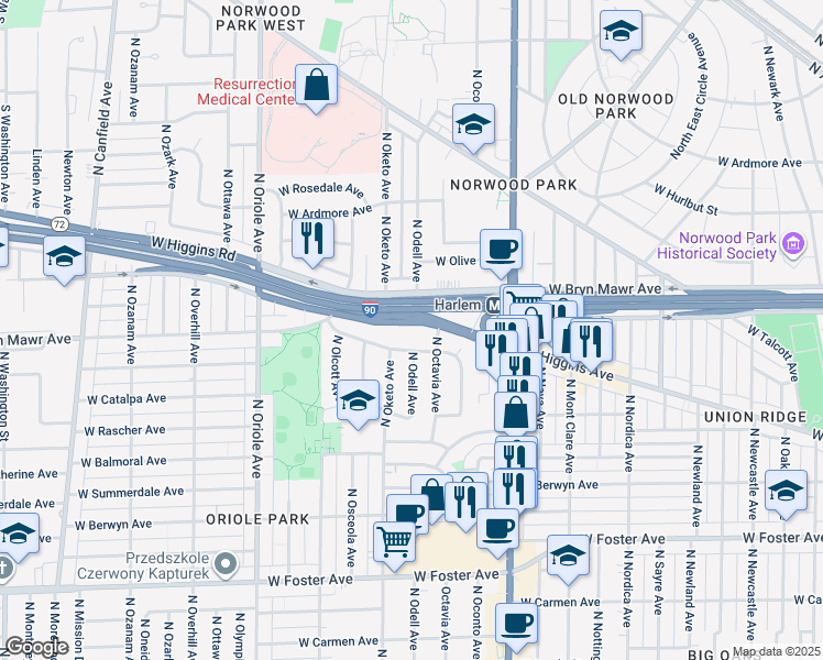 map of restaurants, bars, coffee shops, grocery stores, and more near 7345 Illinois 72 in Chicago