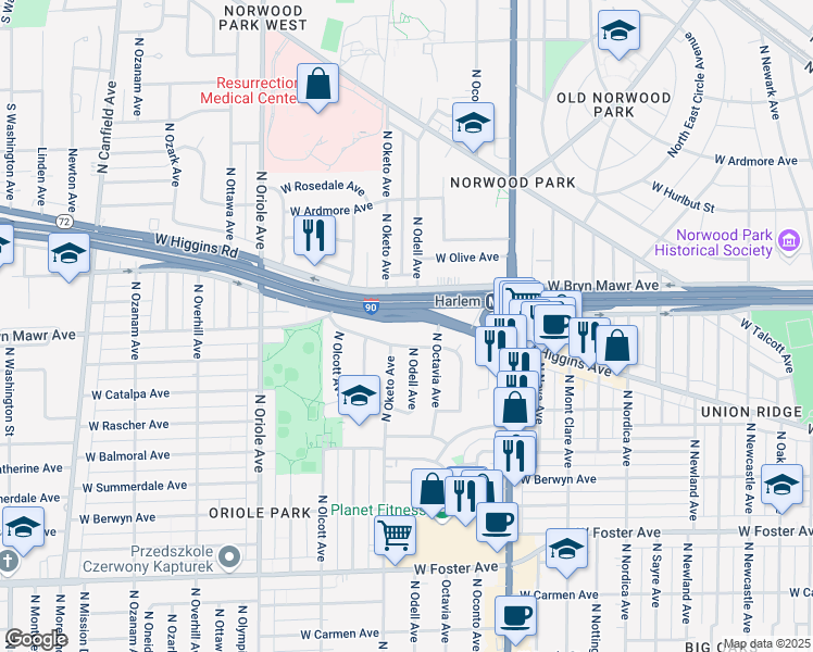 map of restaurants, bars, coffee shops, grocery stores, and more near 7345 Illinois 72 in Chicago