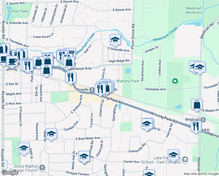 map of restaurants, bars, coffee shops, grocery stores, and more near 628 Rosner Drive in Roselle