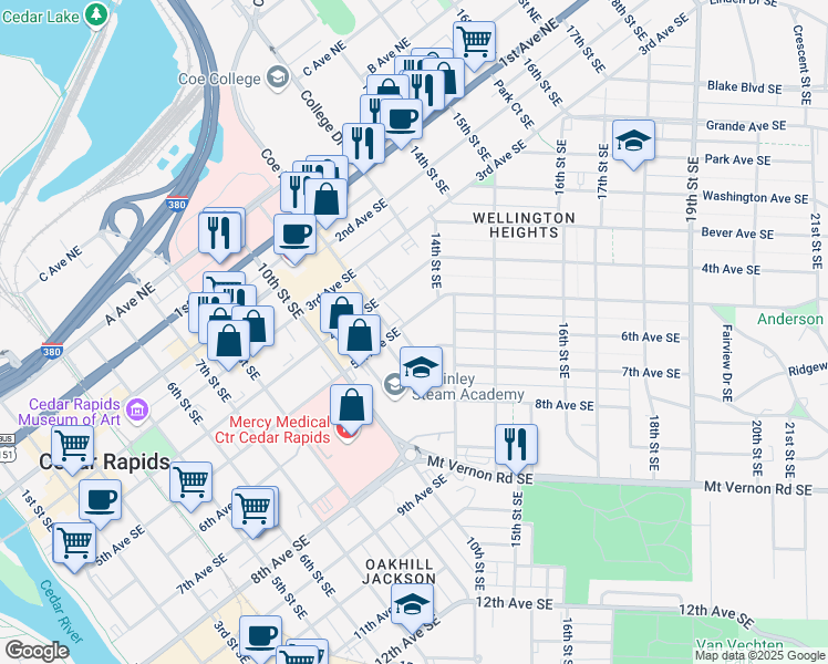 map of restaurants, bars, coffee shops, grocery stores, and more near 1239 5th Avenue Southeast in Cedar Rapids