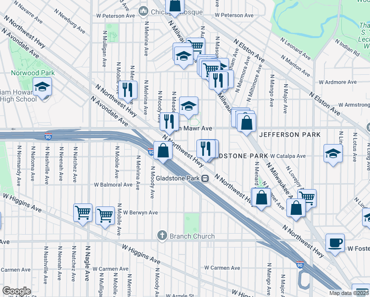 map of restaurants, bars, coffee shops, grocery stores, and more near 5545 North Northwest Highway in Chicago