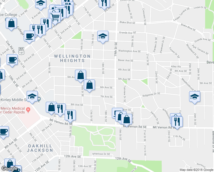 map of restaurants, bars, coffee shops, grocery stores, and more near 1810 6th Avenue Southeast in Cedar Rapids