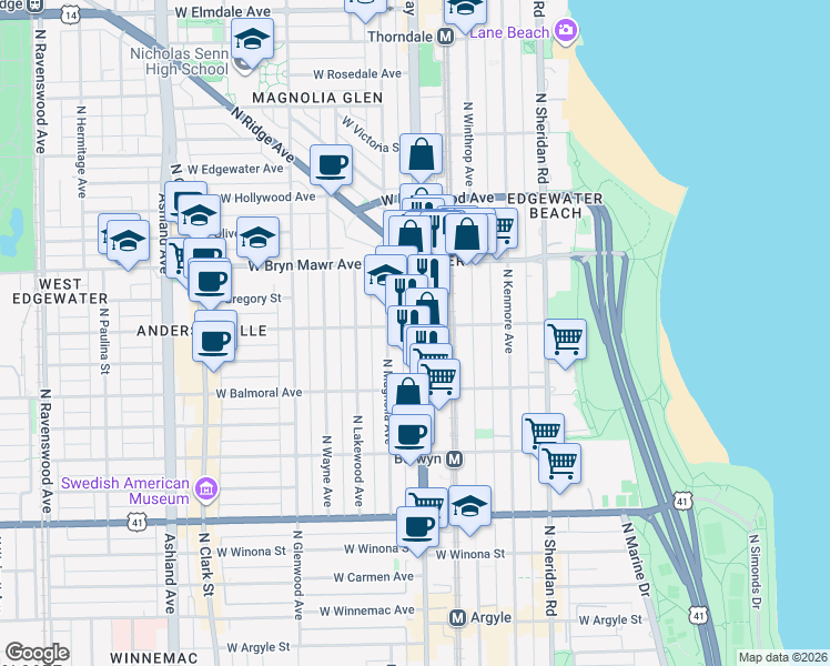 map of restaurants, bars, coffee shops, grocery stores, and more near 5454 North Broadway in Chicago