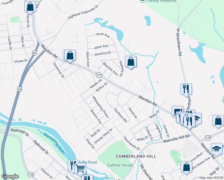 map of restaurants, bars, coffee shops, grocery stores, and more near 3800 Mendon Road in Cumberland