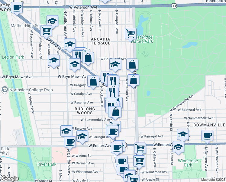 map of restaurants, bars, coffee shops, grocery stores, and more near 5523 North Maplewood Avenue in Chicago