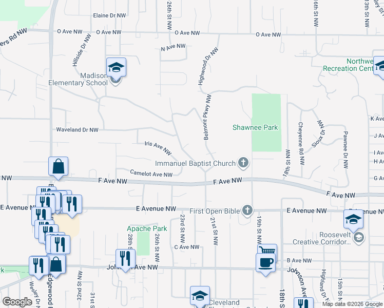 map of restaurants, bars, coffee shops, grocery stores, and more near 949 Westwood Drive Northwest in Cedar Rapids