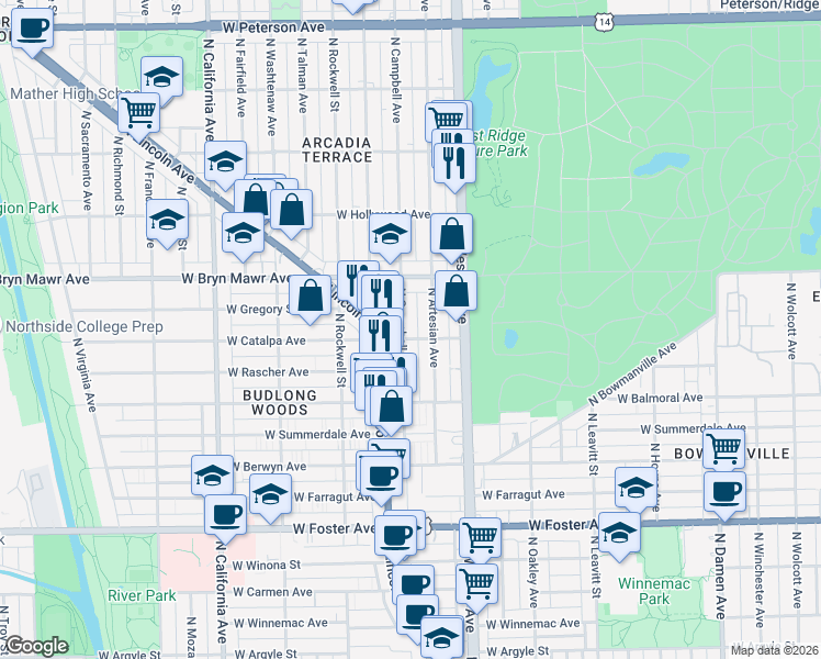 map of restaurants, bars, coffee shops, grocery stores, and more near 5503 North Campbell Avenue in Chicago