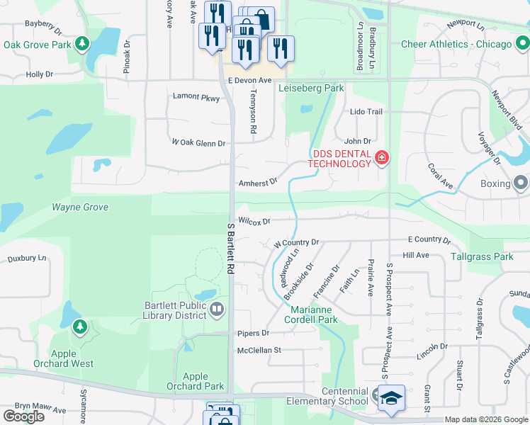 map of restaurants, bars, coffee shops, grocery stores, and more near 123 Wilcox Drive in Bartlett
