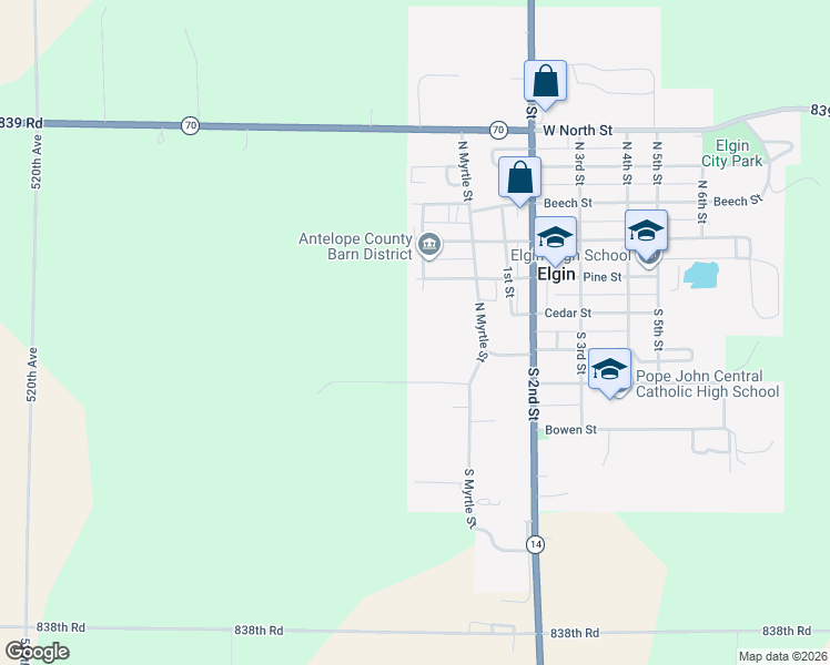 map of restaurants, bars, coffee shops, grocery stores, and more near North West Street in Elgin