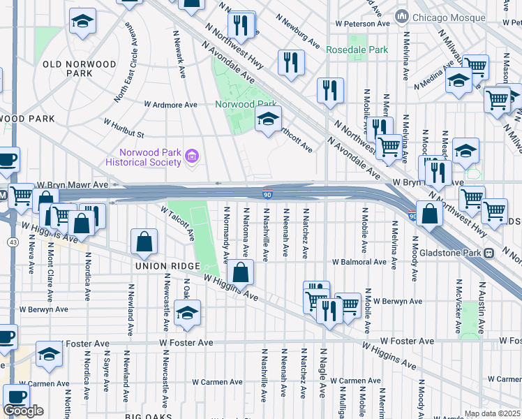 map of restaurants, bars, coffee shops, grocery stores, and more near 5526 North Nashville Avenue in Chicago
