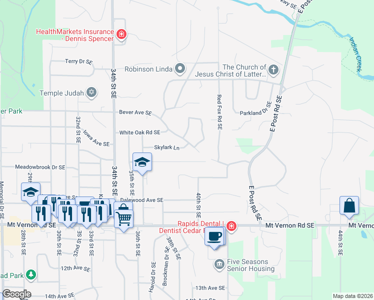 map of restaurants, bars, coffee shops, grocery stores, and more near 3841 Skylark Lane in Cedar Rapids