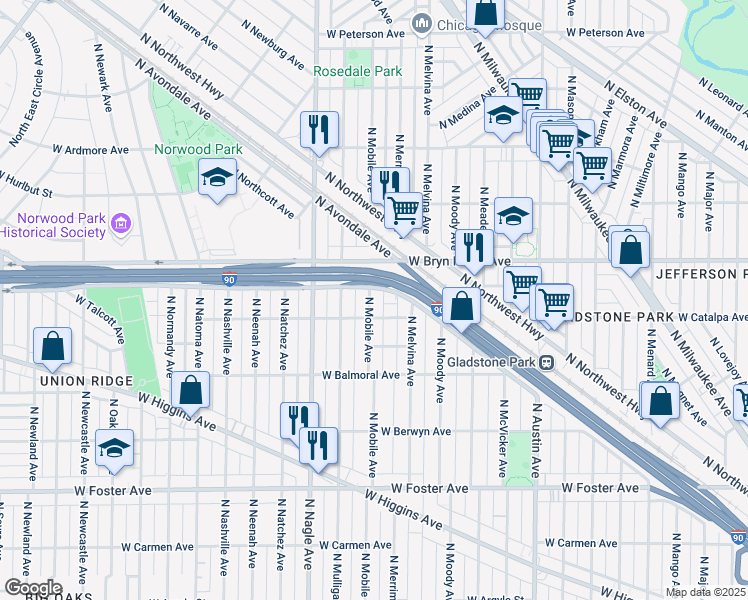 map of restaurants, bars, coffee shops, grocery stores, and more near 6225 West Gregory Street in Chicago