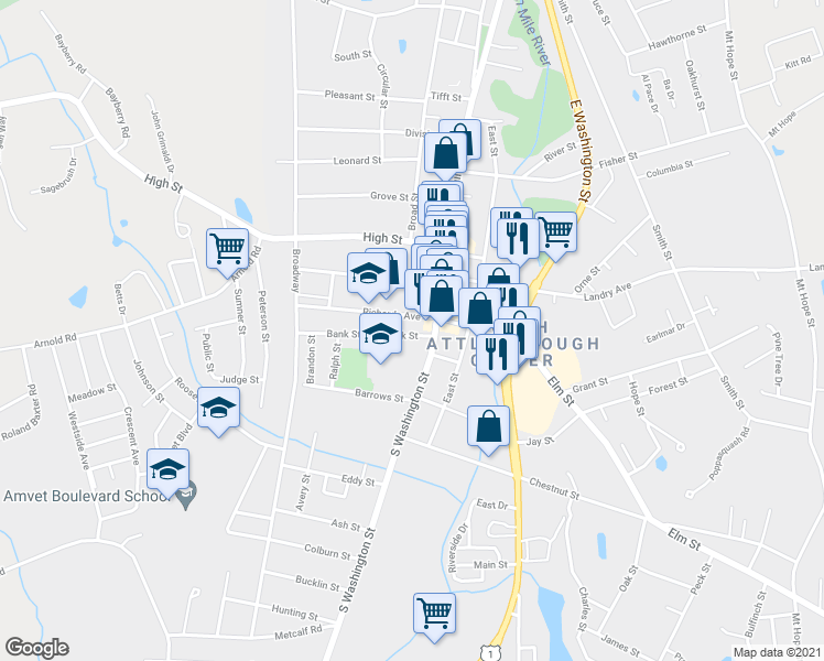 map of restaurants, bars, coffee shops, grocery stores, and more near 24 Richards Avenue in North Attleborough