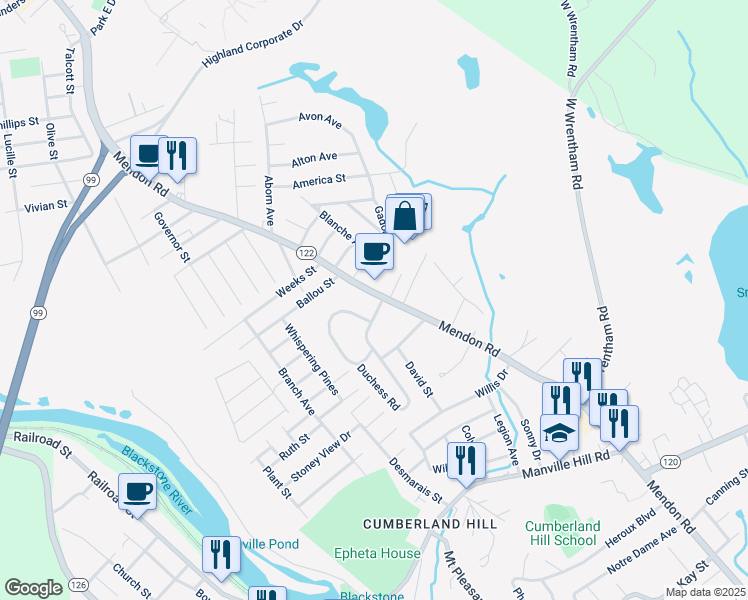 map of restaurants, bars, coffee shops, grocery stores, and more near 3781 Rhode Island 122 in Cumberland
