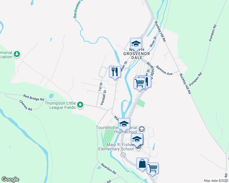 map of restaurants, bars, coffee shops, grocery stores, and more near 29 Vandall Street in Thompson