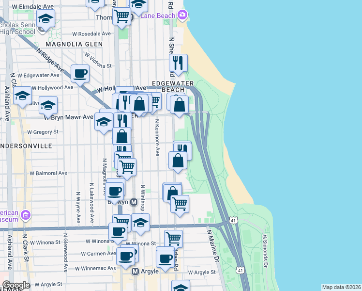 map of restaurants, bars, coffee shops, grocery stores, and more near 5539 North Sheridan Road in Chicago