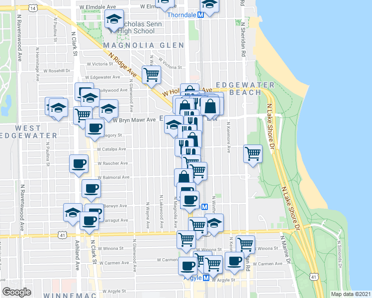 map of restaurants, bars, coffee shops, grocery stores, and more near 5501 North Broadway in Chicago