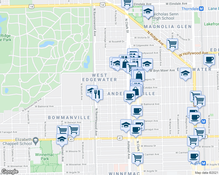 map of restaurants, bars, coffee shops, grocery stores, and more near 5511 North Paulina Street in Chicago
