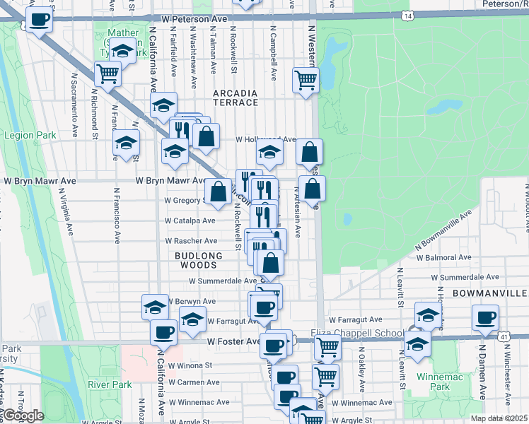 map of restaurants, bars, coffee shops, grocery stores, and more near 5523 North Maplewood Avenue in Chicago